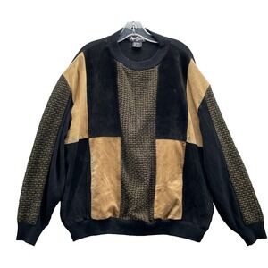 VTG Alan Stuart Suede Leather Patch Sweater Men's XL Grandpa Academia 70's Check